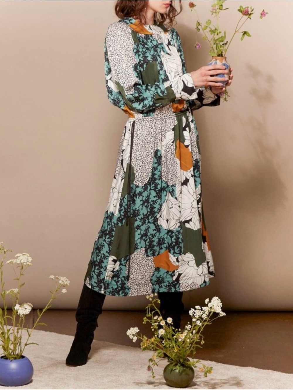 By Malene Birger Niella Midi Dress Floral Long Sleeve Drawstring Waist Sz 4